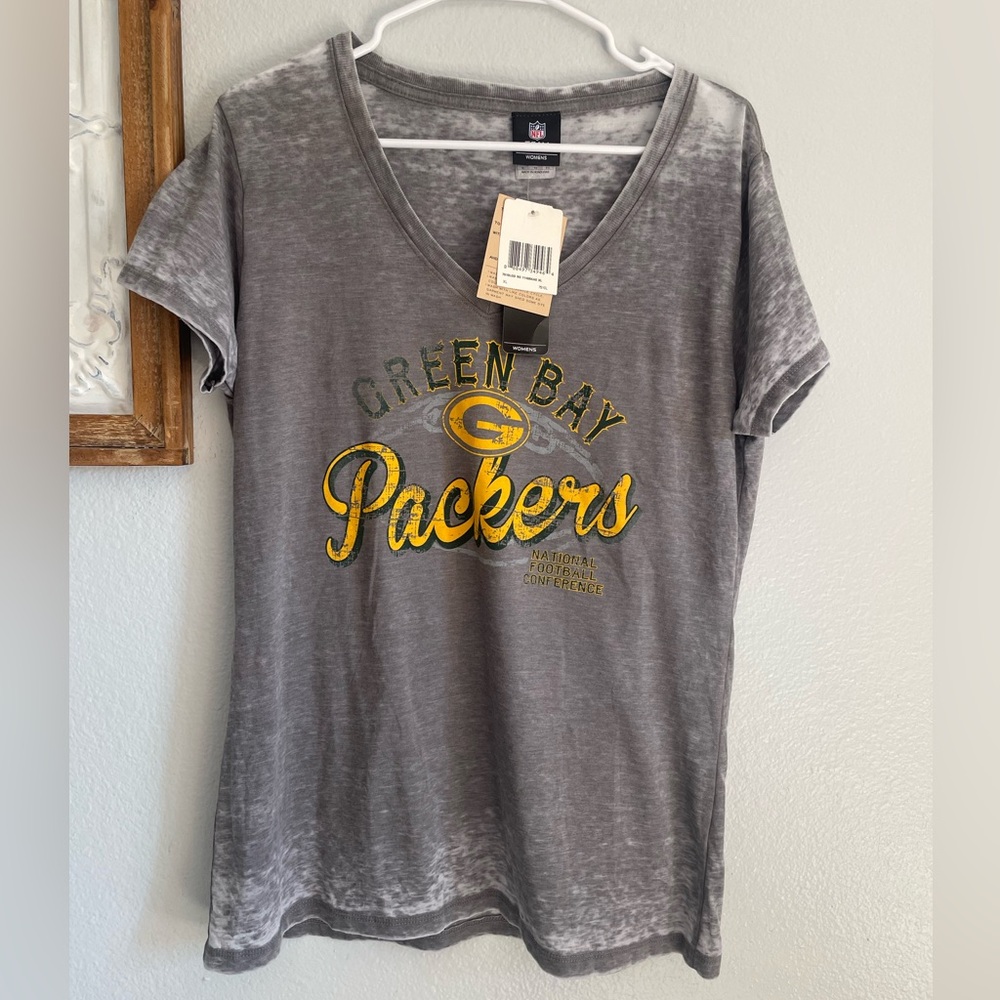 NFL Apparel Green Bay Packers Women's V-Neck T-Shirt Gray Burnout NWT Size XL
